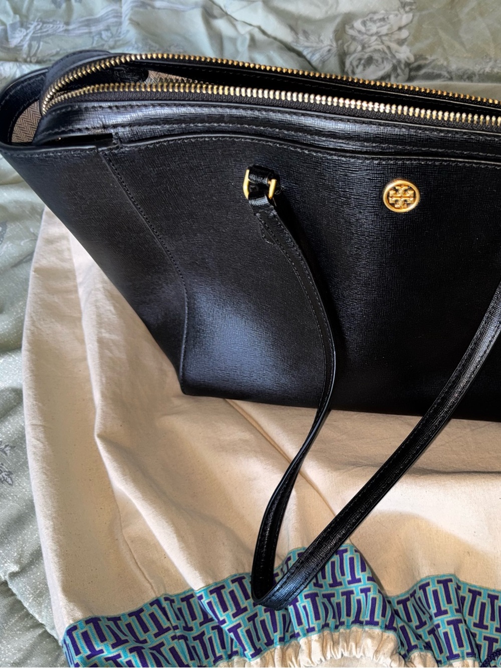 Tory Burch Black Leather Double-Handle Tote with Gold Logo Accent - Picture 2 of 4